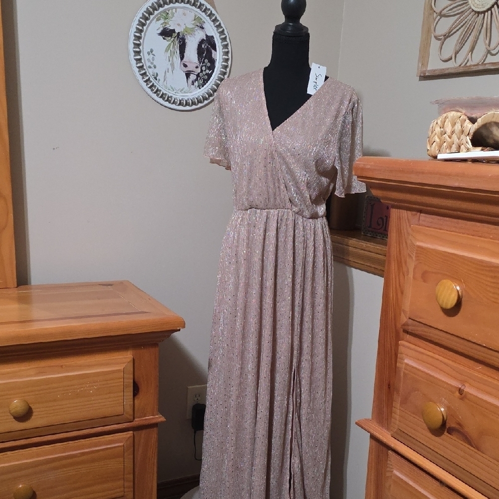 Simplee Apparel Shimmery Blush V-Neck Maxi Dress
